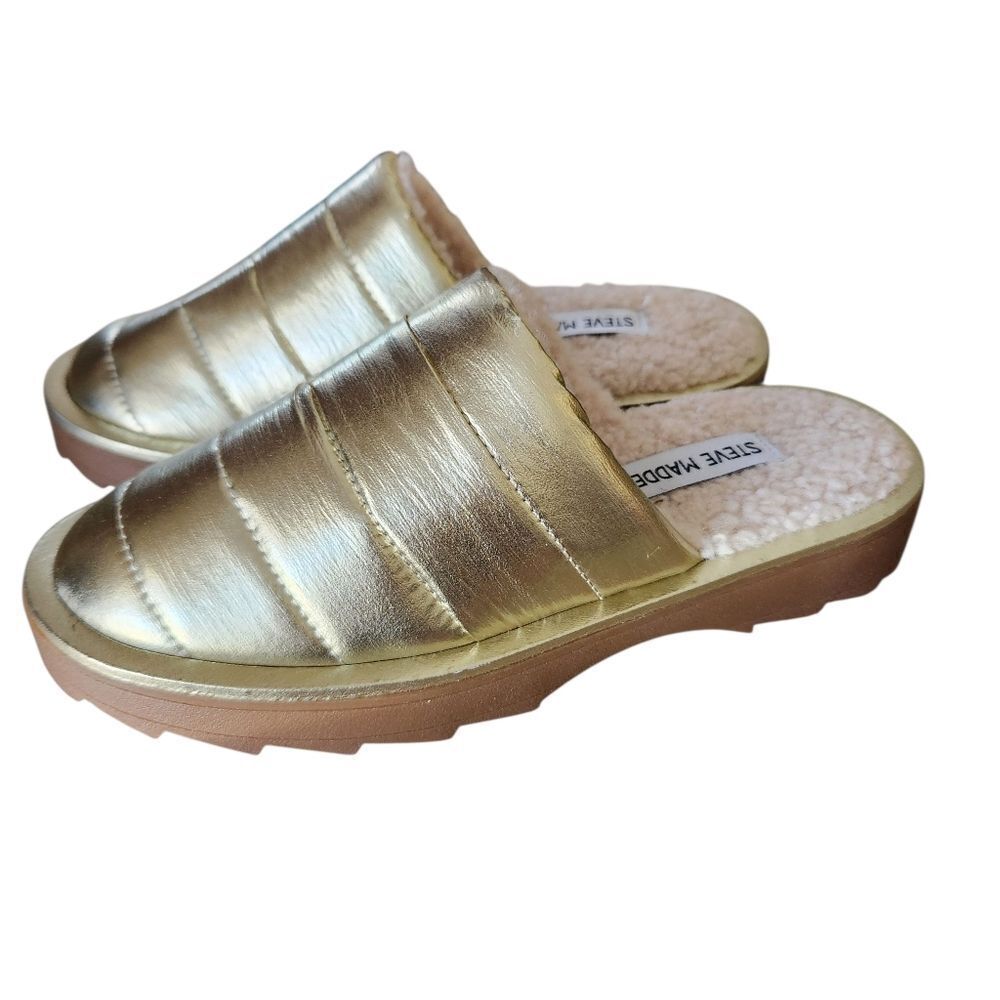 Steve Madden Chex Gold Metallic Quilted Slippers Faux Fur Lining Size 6 NIB